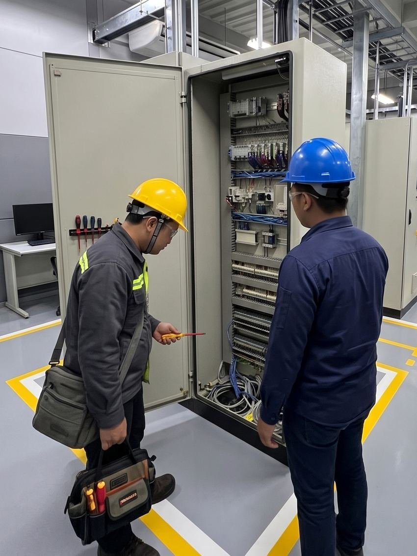 MechaTrade engineers inspecting a plant control panel on-site